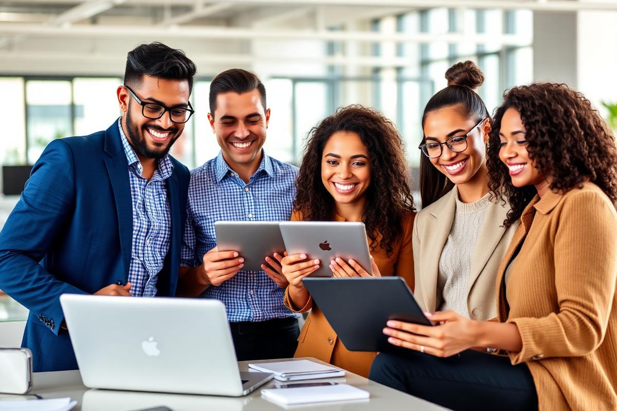 Diverse team of office professionals collaborating with laptops and tablets