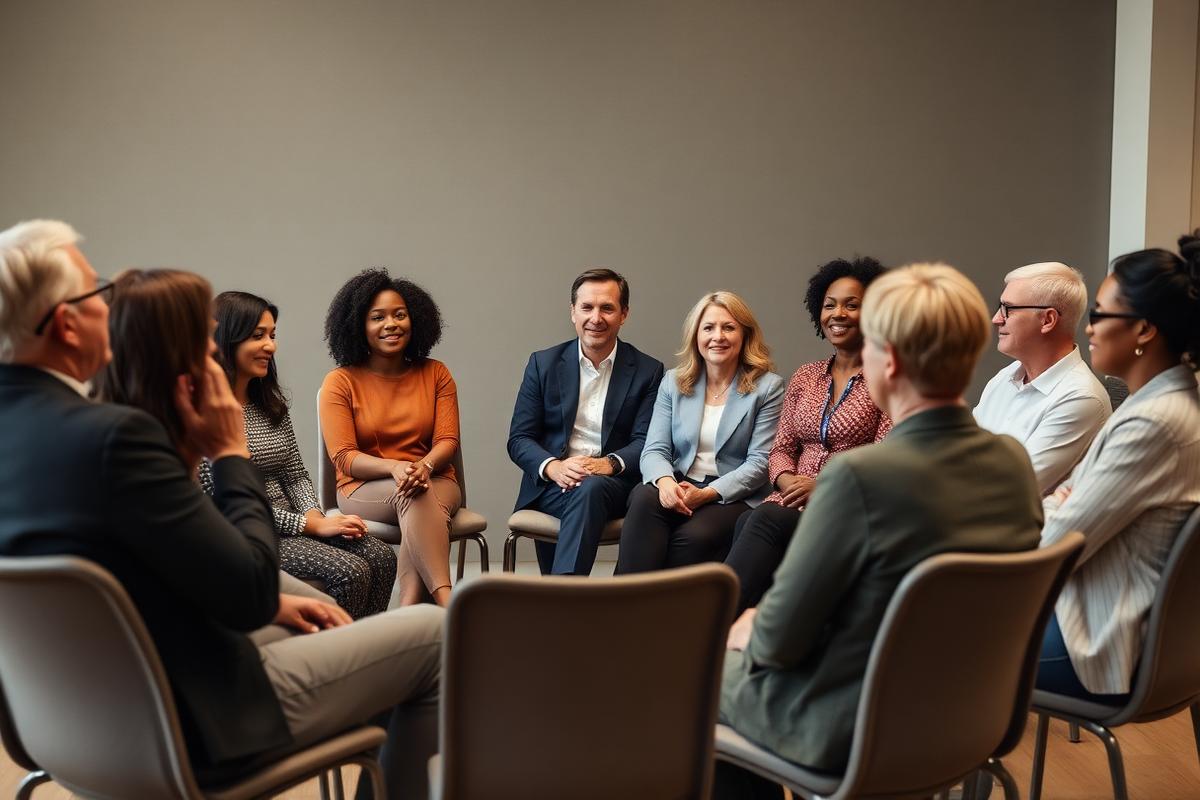 Diverse individuals in an empathetic emotional intelligence training session
