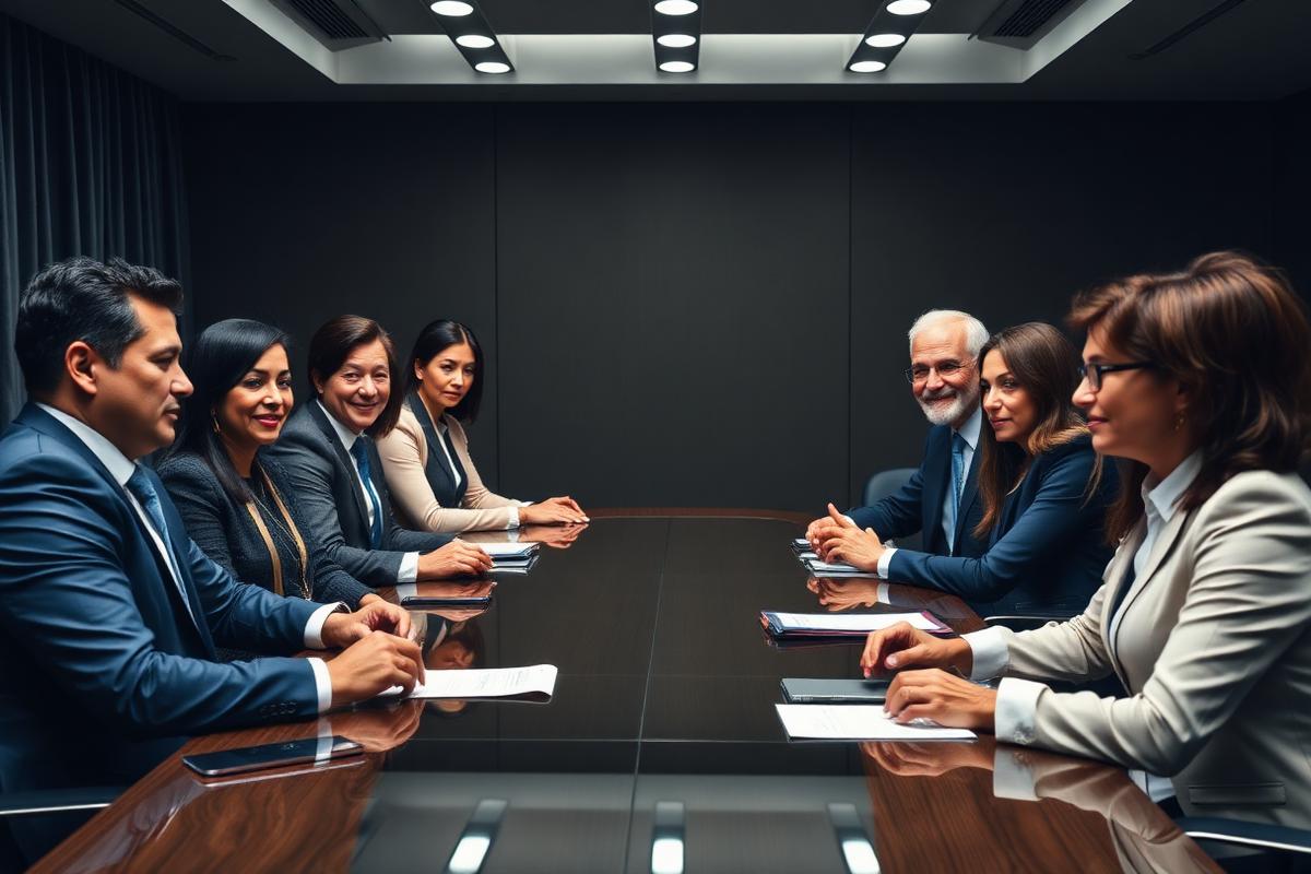 Diverse team members discussing accountability around a boardroom table