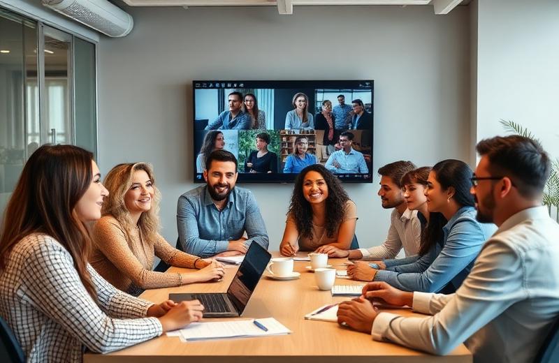 Diverse hybrid team meeting with remote colleagues on a video screen