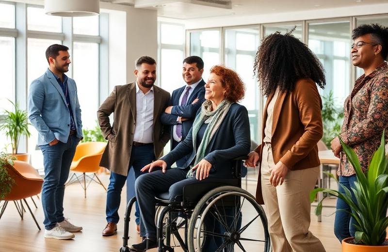 Colleagues of different ethnicities, ages and abilities talking in an office lounge