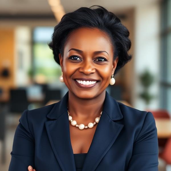 Portrait of a Black woman executive in a navy blazer
