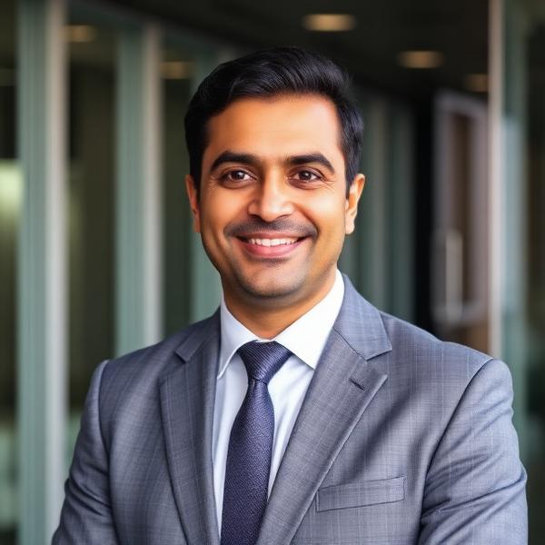 Portrait of a South Asian man in a grey suit smiling